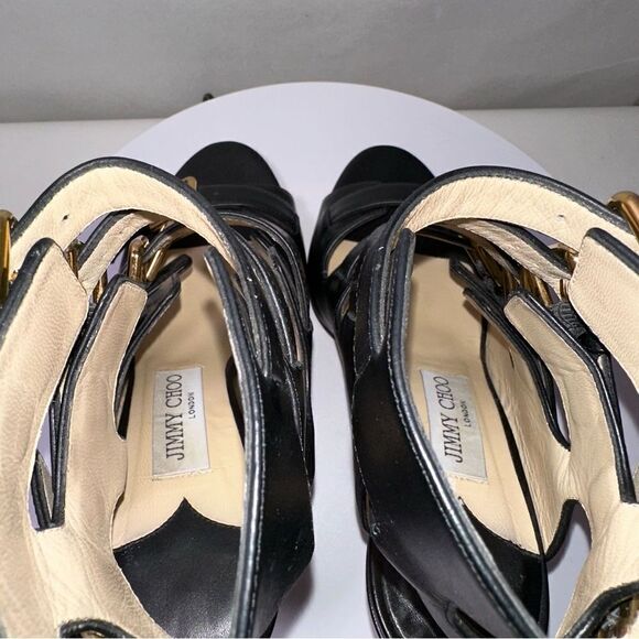 Jimmy Choo Trick Buckle Gladiator Sandals Heels. Size 37. Black leather. - Picture 9 of 12